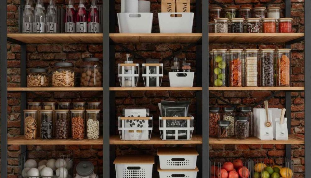 Neatly organized kitchen pantry with labeled jars, baskets, and shelves arranged for easy access