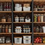 Neatly organized kitchen pantry with labeled jars, baskets, and shelves arranged for easy access