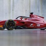 Side-by-side comparison of a Formula 1 car, a standard road car, and legendary racing cars, highlighting their size difference