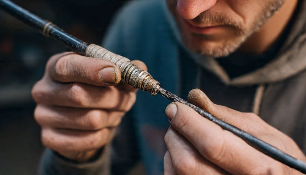 Angler examining damaged graphite fishing rod tip before repair