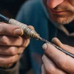Angler examining damaged graphite fishing rod tip before repair