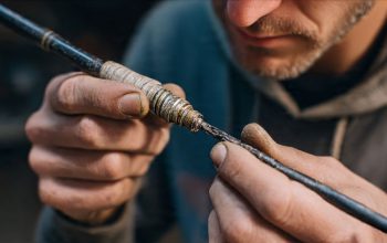 Angler examining damaged graphite fishing rod tip before repair