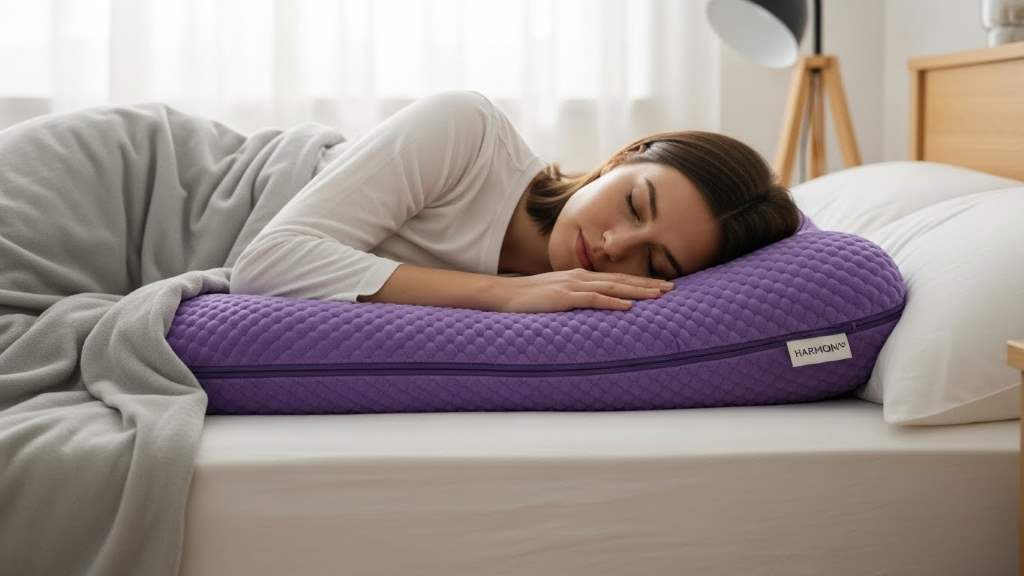 Person sleeping peacefully on Purple Harmony Pillow in a cool bedroom setting