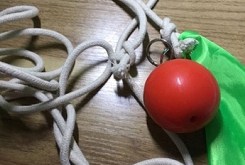 Suzakoo rubber exercise ball attached with rope for striking practice.