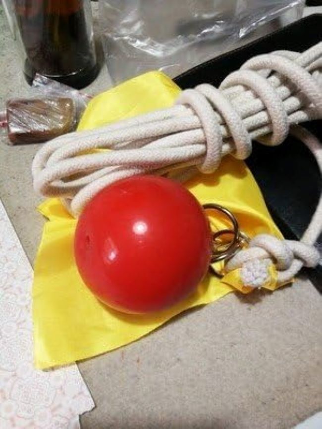 Suzakoo exercise ball with rope used for combat sports training.