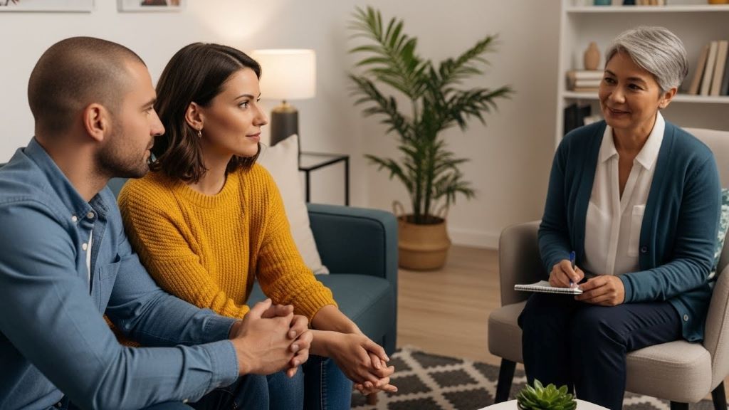 Two people working with a relationship counselor in a therapy session focused on healing and communication