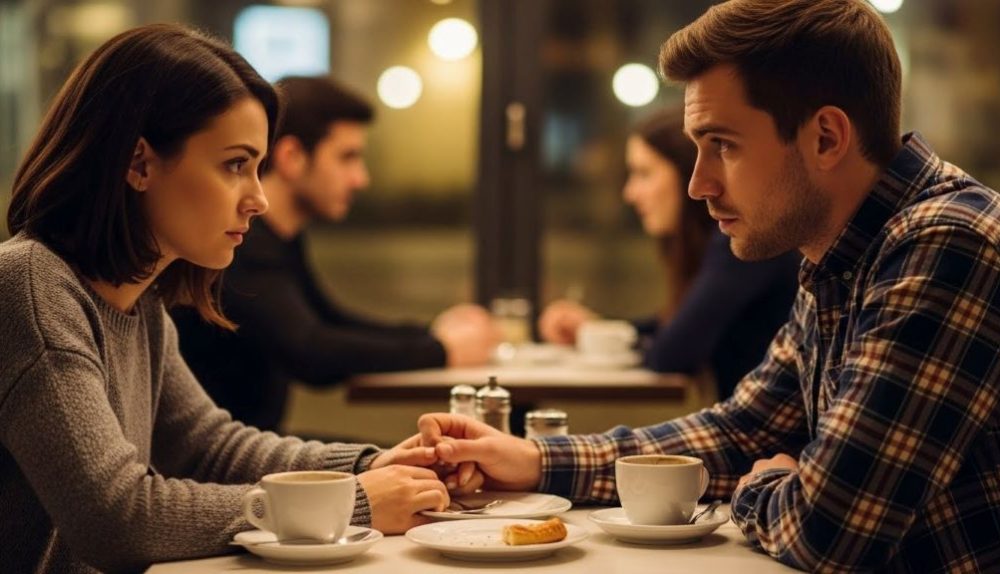 Couple sitting together having a serious conversation about relationship issues while holding hands