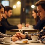 Couple sitting together having a serious conversation about relationship issues while holding hands