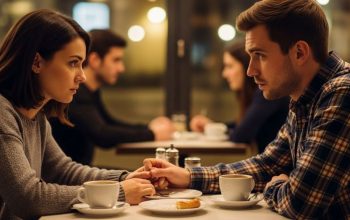 Couple sitting together having a serious conversation about relationship issues while holding hands