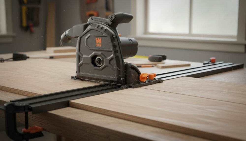 WEN 7.25-inch track saw cutting through plywood on a guide track during a woodworking project