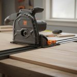 WEN 7.25-inch track saw cutting through plywood on a guide track during a woodworking project
