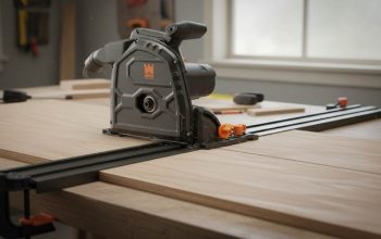 WEN 7.25-inch track saw cutting through plywood on a guide track during a woodworking project