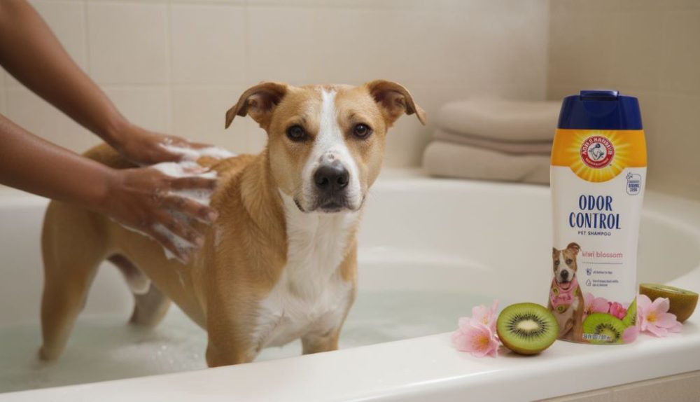 Happy dog getting a gentle bath with hypoallergenic shampoo, showing shiny coat and relaxed expression
