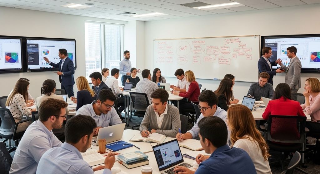 Education graduate students collaborating in classroom during non-thesis coursework discussion