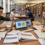 Graduate student writing Master of Education thesis at desk with laptop and research books