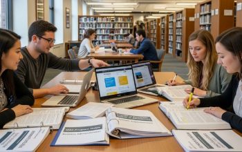 Graduate student writing Master of Education thesis at desk with laptop and research books