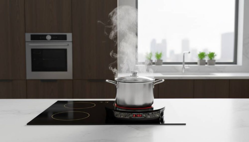 Modern kitchen with sleek induction cooktop heating a pot quickly for efficient cooking