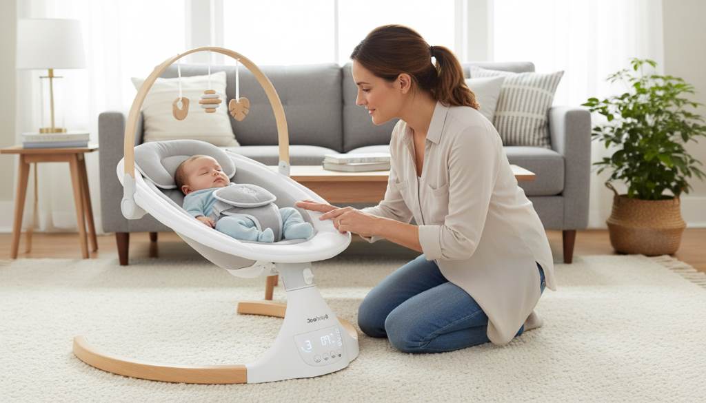 Parent using touch controls on Jool Baby Nova Nature portable lightweight baby swing in living room