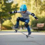 Young child performing a safe ollie on the WhiteFang 31 skateboard in a park, wearing full protective gear including helmet and pads