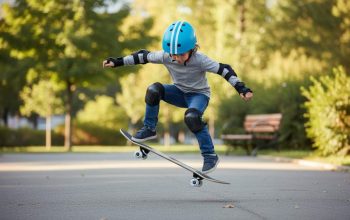 Young child performing a safe ollie on the WhiteFang 31 skateboard in a park, wearing full protective gear including helmet and pads