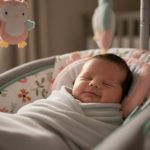 Calm newborn relaxing in a gentle baby swing with soft lighting and toys