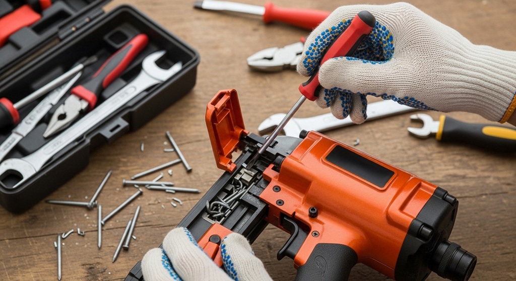 removing jammed nail from nail gun magazine
