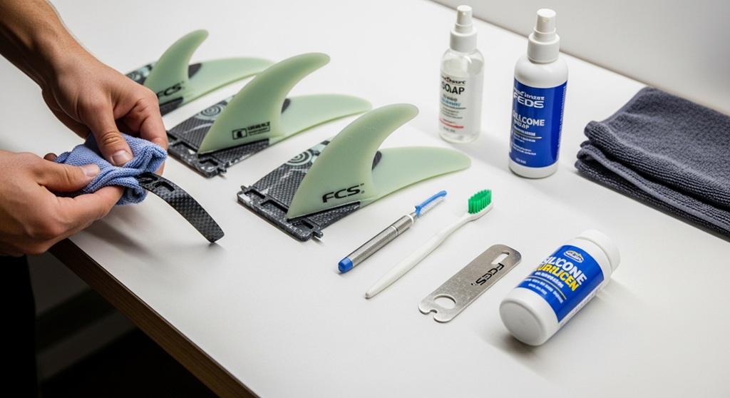 Surfboard fins stored in padded fin pouch for protection