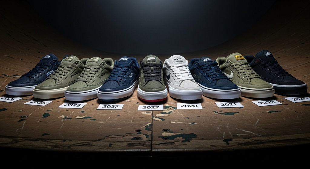 Budget suede skate style sneakers with vulcanized sole on skateboard deck