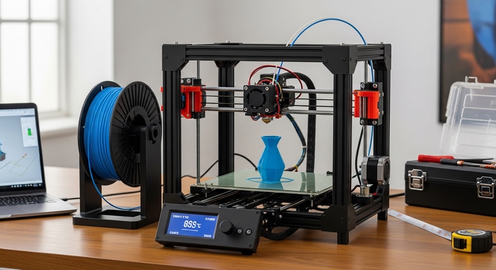 starter 3D printing workspace with entry-level FDM machine