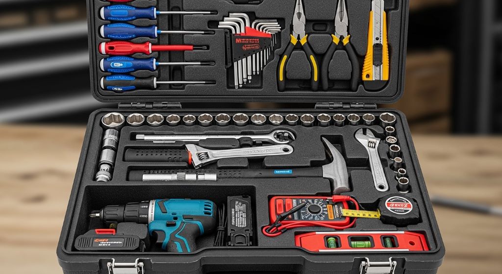 Organized repair tools set in a portable toolbox