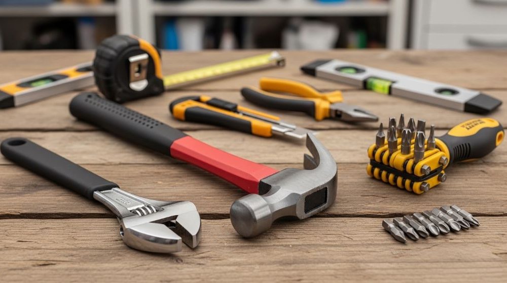 Basic home tool kit with hammer, screwdriver, and wrench