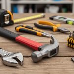 Basic home tool kit with hammer, screwdriver, and wrench