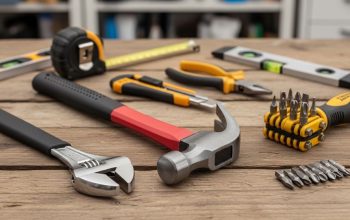 Basic home tool kit with hammer, screwdriver, and wrench