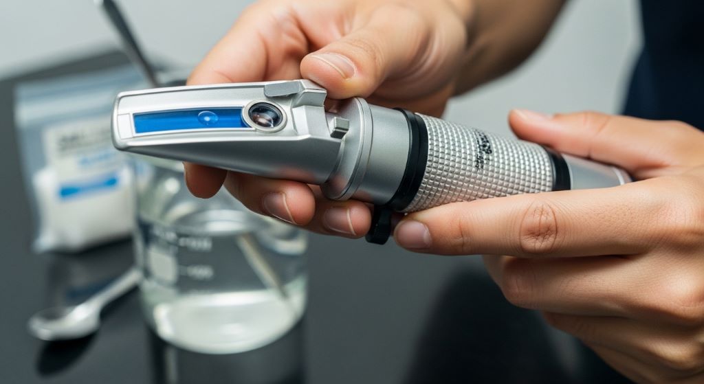 Refractometer testing salinity of mixed saltwater for home aquarium use