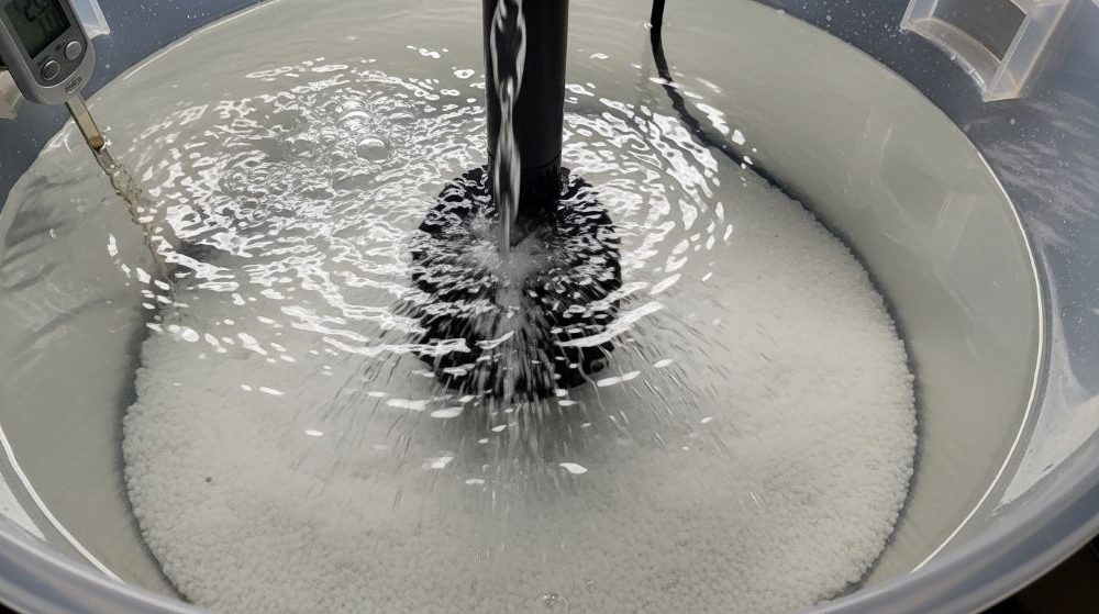 Aquarium salt mix dissolving in container with powerhead circulation for clear water