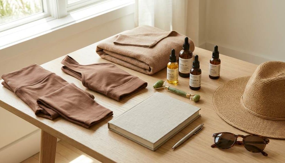 Luxury wellness retreat packing essentials laid out neatly including yoga wear, skincare, and journal