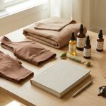 Luxury wellness retreat packing essentials laid out neatly including yoga wear, skincare, and journal