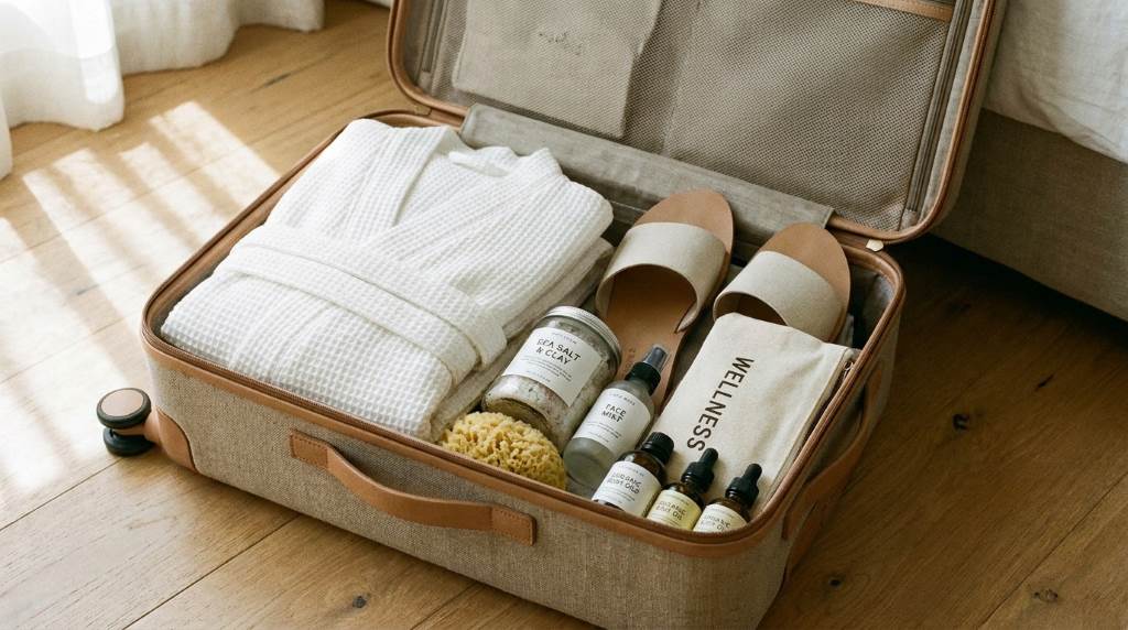 Minimalist suitcase packed with spa vacation items like robes, sandals, and wellness products