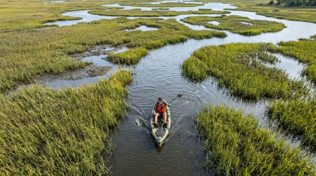 Kayak fisherman adjusting breathable high-back fishing PFD