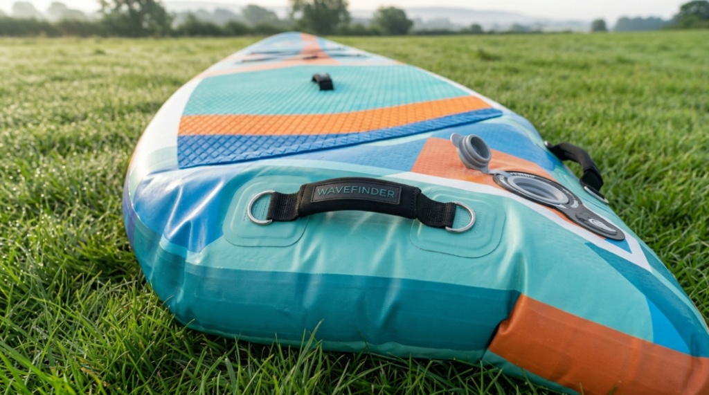 Close-up of a portable inflatable SUP being prepared for the water on grass