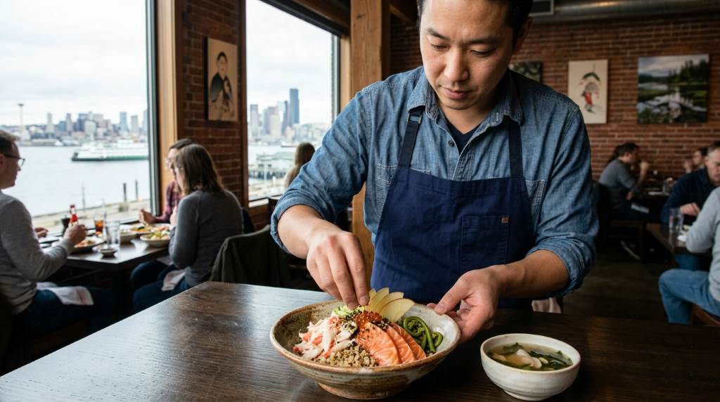 Chef preparing Japanese-inspired seafood plates using fresh Seattle market ingredients