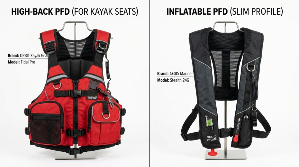 Close-up of fishing-specific kayak life jacket with gear pockets