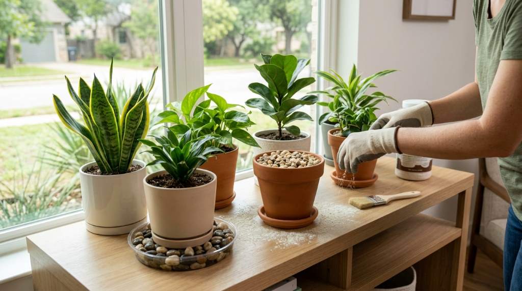 Homeowner cleaning indoor plant shelves to prevent silverfish and centipede infestations in Austin Texas