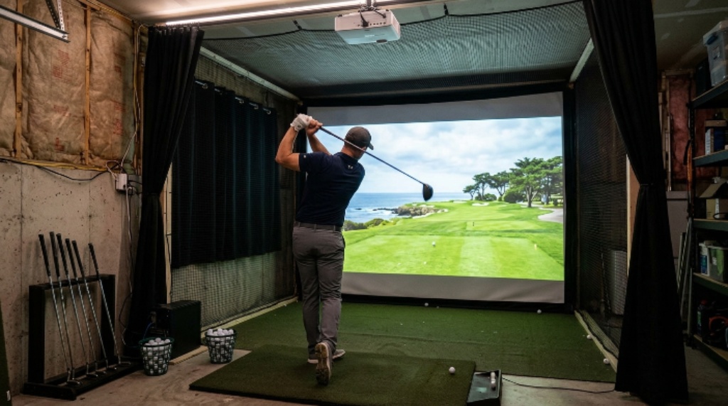 Golfer swinging a club in front of a projected golf course screen in a DIY home simulator room