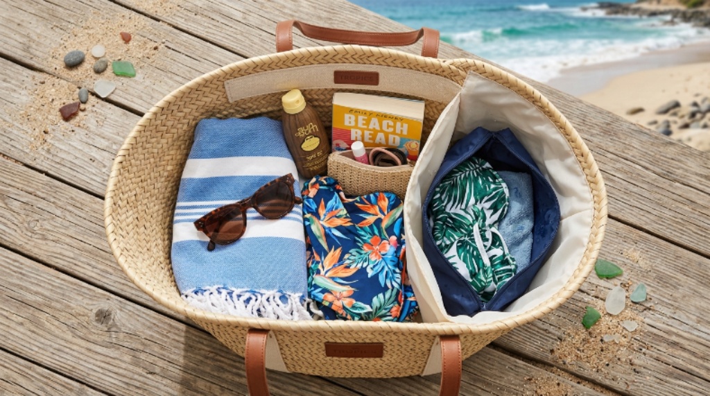 Flat lay of a chic women's beach bag open to show wet and dry compartments, towel, and swimwear inside