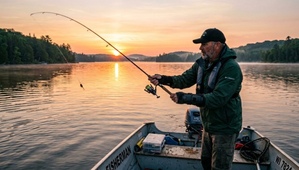 An angler wearing a black semi-rigid wrist brace while casting a fishing rod from a boat at sunrise