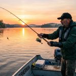 An angler wearing a black semi-rigid wrist brace while casting a fishing rod from a boat at sunrise