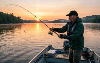 An angler wearing a black semi-rigid wrist brace while casting a fishing rod from a boat at sunrise