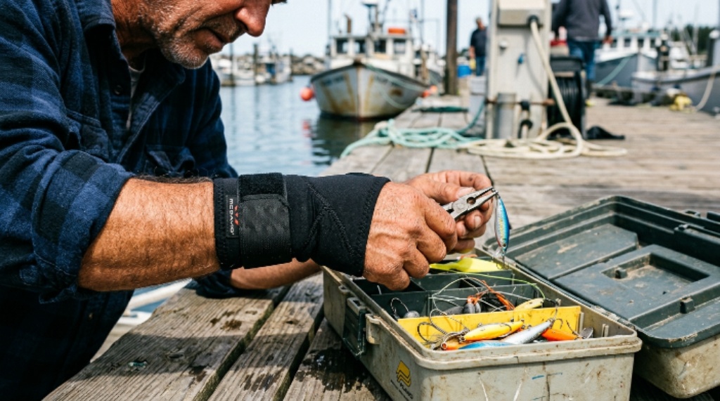 Close-up of a compression wrist sleeve being worn on a fisherman's wrist beside a tackle box on a dock