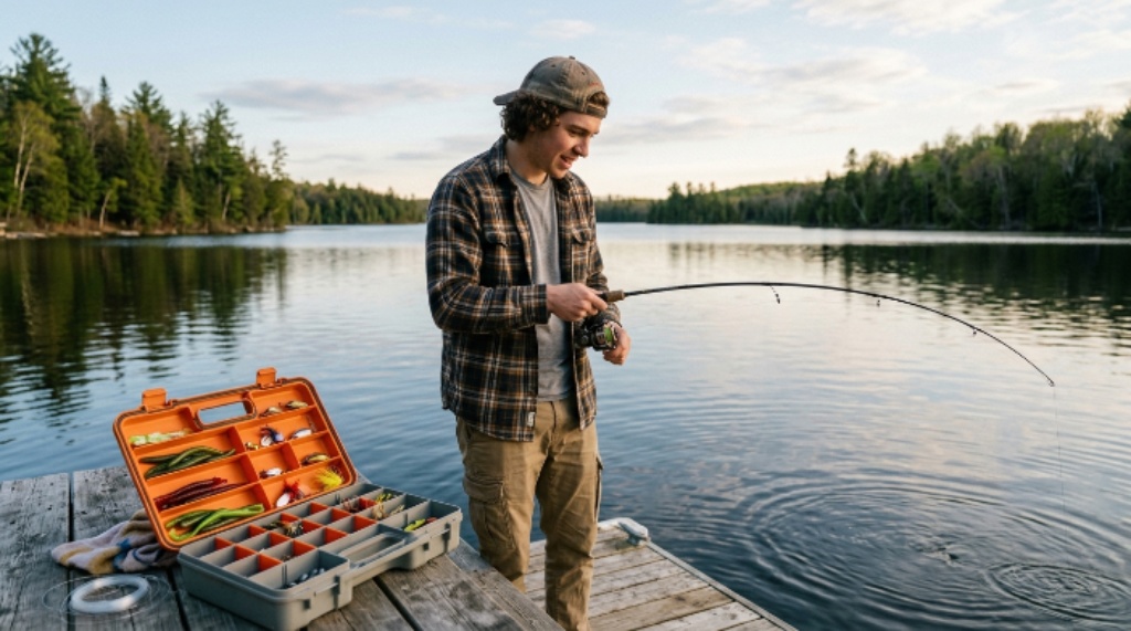 A beginner angler holding a fishing rod on a lake dock with an open tackle box displaying an assortment of fishing lures beside them